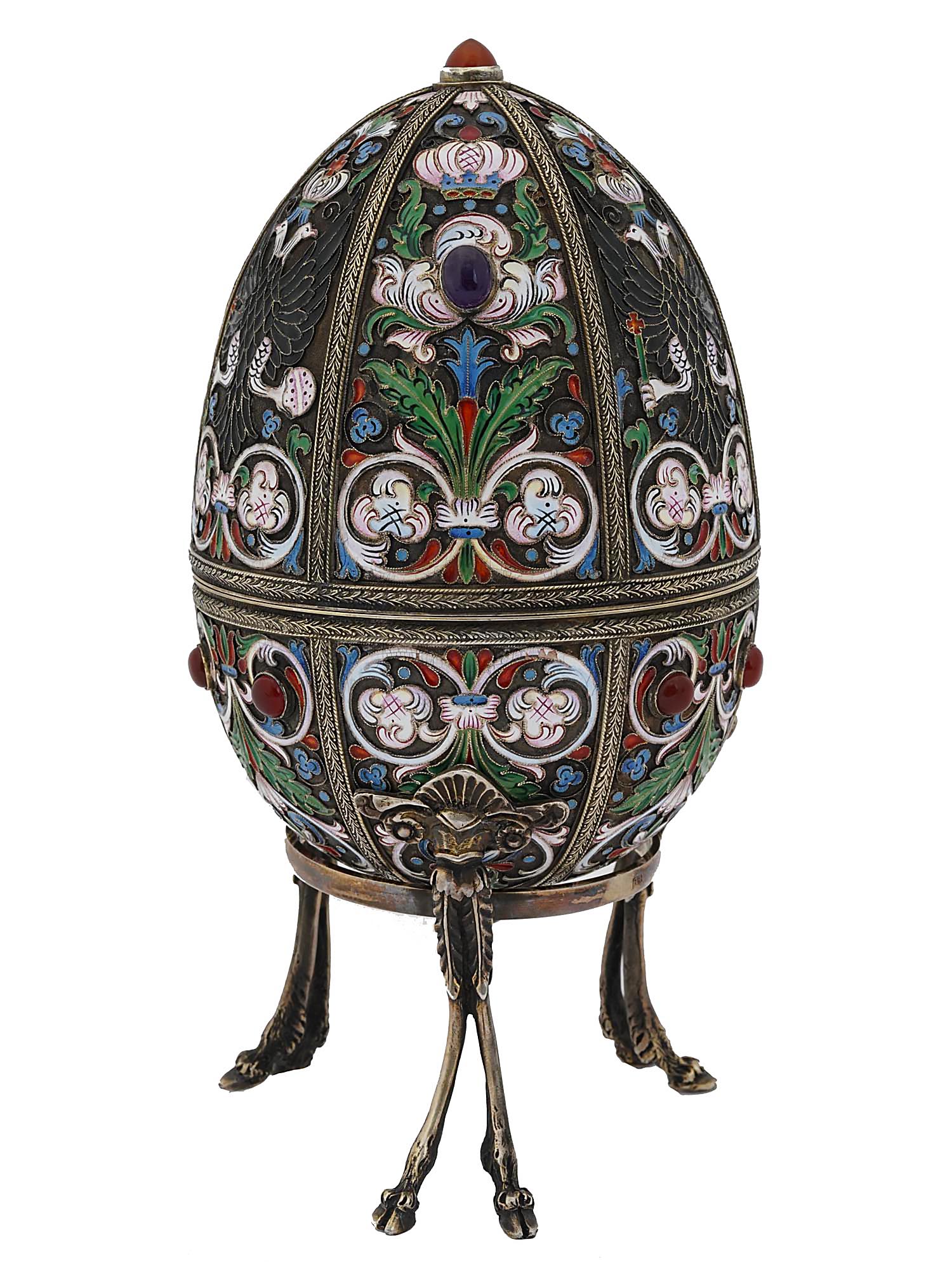 RUSSIAN SILVER ENAMEL EASTER EGG BOX W. GEMSTONES PIC-1